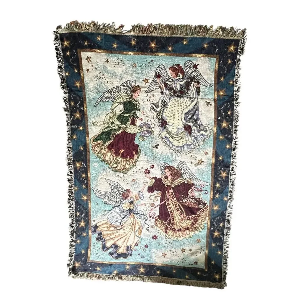 Angel tapestry blanket, celestial, stars border, woven, fringed, 44
